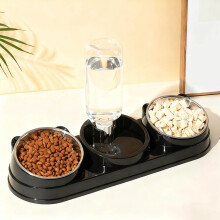 Triple Cat Bowls Pet Feeder with Automatic Water Bottle Wet and Dry Food Bowl Cat Food and Water Bowls Set for Rabbit Hamster, Black