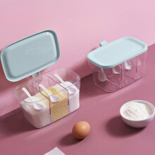 Multi-compartment seasoning box with built-in spoon, 3 sealed compartments, freshness-sealing lid, plastic — compatible with kitchen organizers