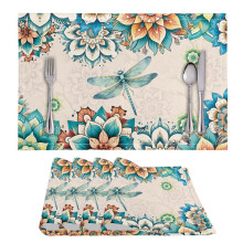 Set van 4 tafelmatten met libellen-, boho- en mandala-bloemenmotief, wasbaar PVC/polyester, hittebestendig, 30 x 45 cm