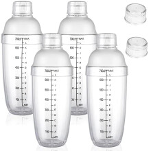 4-Pack 700ml Clear Plastic Shaker Cup with 2 Extra Caps, Compatible with Matcha, Milk, Wine, Coffee – Bar Mixing Tool with Scales