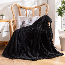 Black Fleece Throw Blanket 60"x80", Super Soft Plush Cozy Blanket with Striped Tassel Ball Design, Lightweight Luxury for Couch/Sofa/Chair