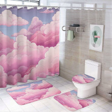 4-Pc Bathroom Rug Set w/ Shower Curtain, Non-Slip Mats, Toilet Lid Cover & Bath Mat – Pastel Clouds, White & Pink, Waterproof, Girl/Kid/Nursery