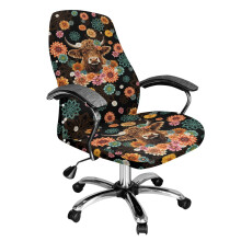 Boho Mandala Flower Print Desk Chair Cover, Highland Cattle Print Computer Chair Seat Covers Anti Scratch, Spandex Office Chairs Slipcover, Black