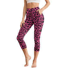 Leopárdmintás jóga leggings nőknek, magas derekú capri leggings zsebekkel, puha jóganadrág, hasformáló, XL