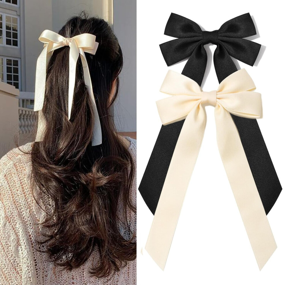 2PCS Silky Satin Hair Bows (Black/Beige) with Alligator Clips â Ponytail Holders for Women, Girls, Toddlers, Teens & Kids