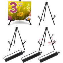 3-Pack 14" Black Steel Tabletop Easels, Adjustable & Portable for Paintings, Signs, Posters, Frames (w/ 3 Bags), compatible with standard sizes