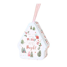 Christmas House-Shaped Cookie Tin, White Metal Storage Box with Lid, 3.3"x1.5"x4.1", for Cookies, Snacks, Chocolates, Gifts – Compatible with