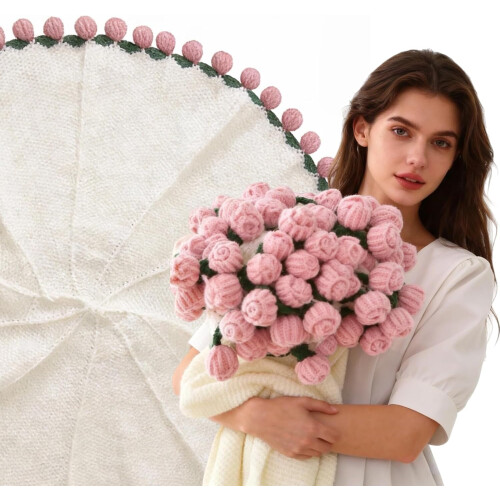 Knitted Rose Flower Blanket Handmade Crochet Throw