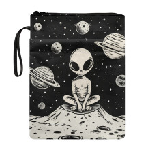 Polyester Fabric Books Sleeve for Readers Reusable with Zipper Protector Wrap Bag Book Carrying Case for Bible or Book Alien Theme