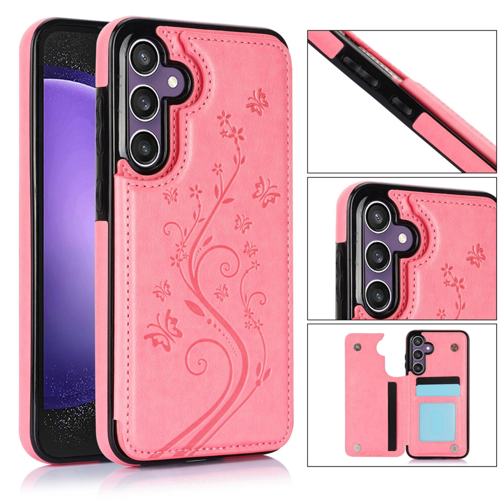 Magnetic Leather Wallet Case Compatible With Samsung Galaxy S25 Â Butterfly Embossing, Flip Kickstand Pink 9193271944829