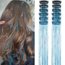 Hair Tinsel Clip-Ins, 12 pcs, 20", Colorful Glitter Fairy Hair Extensions – Party Kit for Women & Girls