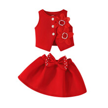 Red Kids Girls 2-Piece Set, Sleeveless Top & Flared Skirt with Bow for Birthday Holiday Party, Floral Pearl Outfit,Size 18-24Months
