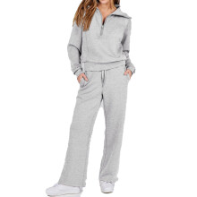 Autumn Winter Womens Two Piece Tracksuit Outfit Half Zip Lapel Sweatshirt and Wide Leg Pants with Pockets for Daily Wear