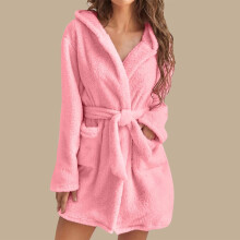 Fuzzy Robe for Women with Pockets Pure Color Hooded Plush Bathrobe for Women - Cozy & Warm Home Wear Womens Robe with Hoodie