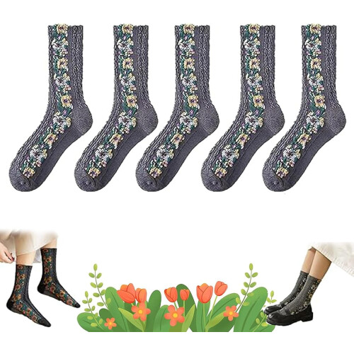 Floral Socks Vintage Embroidered Crew Style Set