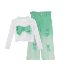 Girls' Green 2-Piece Set: Long Sleeve Crop Top & Ombre Wide Leg Jeans with Bow Detail | Distressed Casual Play Outfit for Kids & Tweens, Size 10-11T