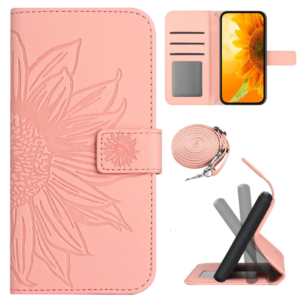 Crossbody Wallet Phone Case For Compatible With Samsung Galaxy A35 5G 2024, Embossed Sunflower, Shockproof, Lanyard, Flip Design, Pink 9341593593601