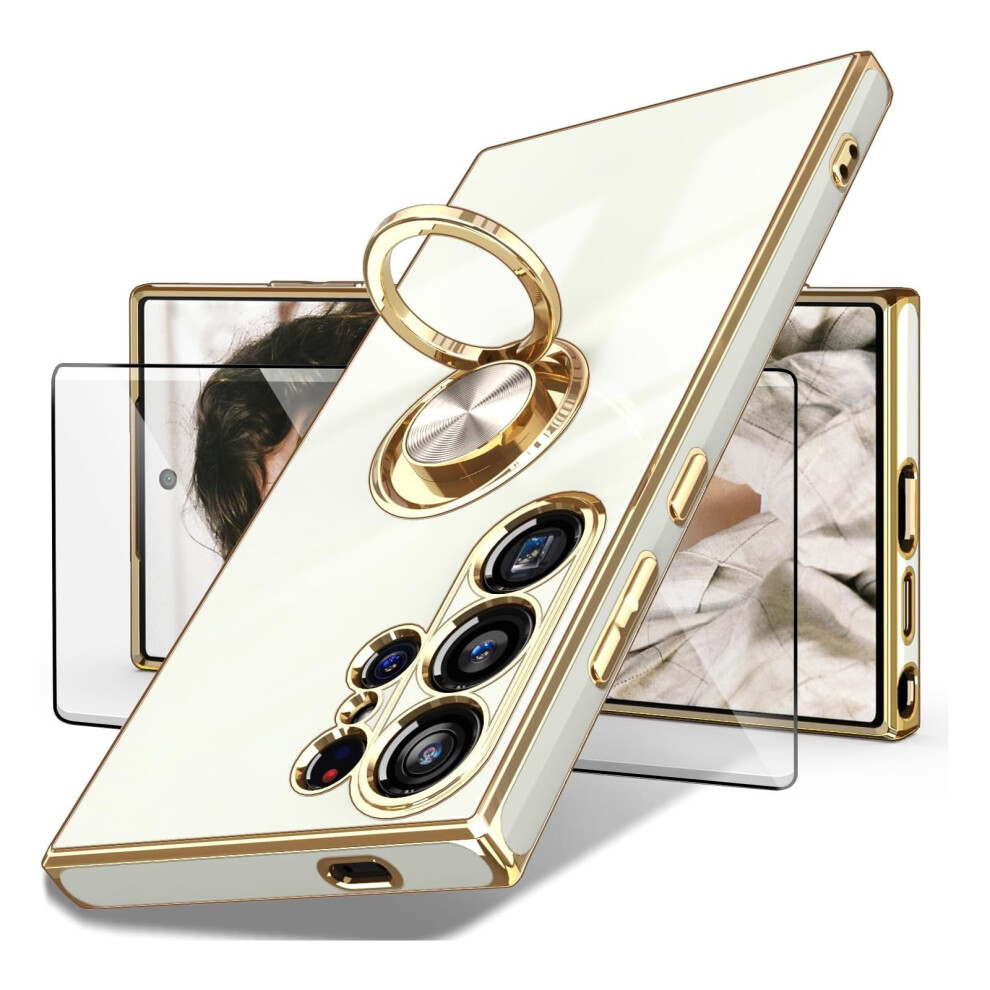 Compatible With Samsung Galaxy S24 Ultra Case W/ Screen Protector, 360 Rotating Ring Holder, Magnetic Stand, Shockproof Electroplated Cover, White 9130661033152