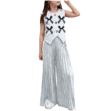Girls 2-Piece Set: Sleeveless Bow Top & Pleated Wide-Leg Pants, Kids Little Girl Matching Outfit for Party Photos Casual 2-9 Years, White,Size 4-5T