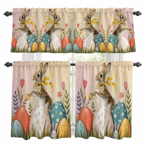 Easter Rabbit Kitchen Curtains and Valances Set Pink Yellow