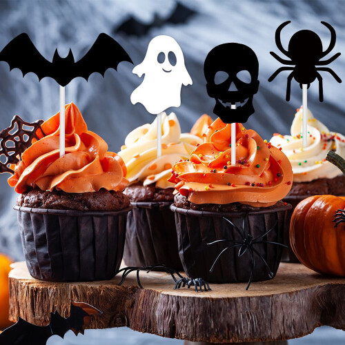 Διακοσμητικά για Cupcakes Halloween με κρανίο αράχνης και νυχτερίδα 12 τεμάχια