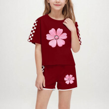 Girls Floral & Checkered Sleeve Outfit Set - Summer Two-Piece Shorts & Top, Breathable Casual Wear for Ages 5-14, Wine