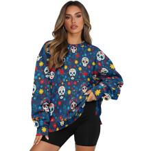 Damen-Pullover mit Totenkopf- und Blumenmuster, Langarm, lässiges Oversize-Sweatshirt mit Rundhalsausschnitt, Herbst-Reisekleidung, Größe XXL