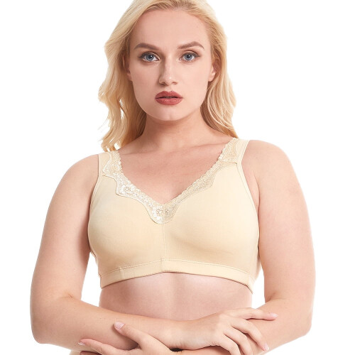 Women‘s Cotton Full Coverage Wirefree Non-padded Lace Plus Size Bra 32DD