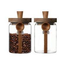 Set Of 2 Airtight Glass Coffee & Tea Canisters - Wooden Lid With Spoon Mother's Day Gift Jar