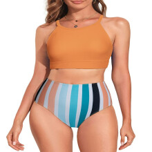 Tacair Bikini do Mhná2 phíosa Culaith Snámha Muineál Ard Bikini Barr Bearr le Bun Rialaithe Bolg Gorm L