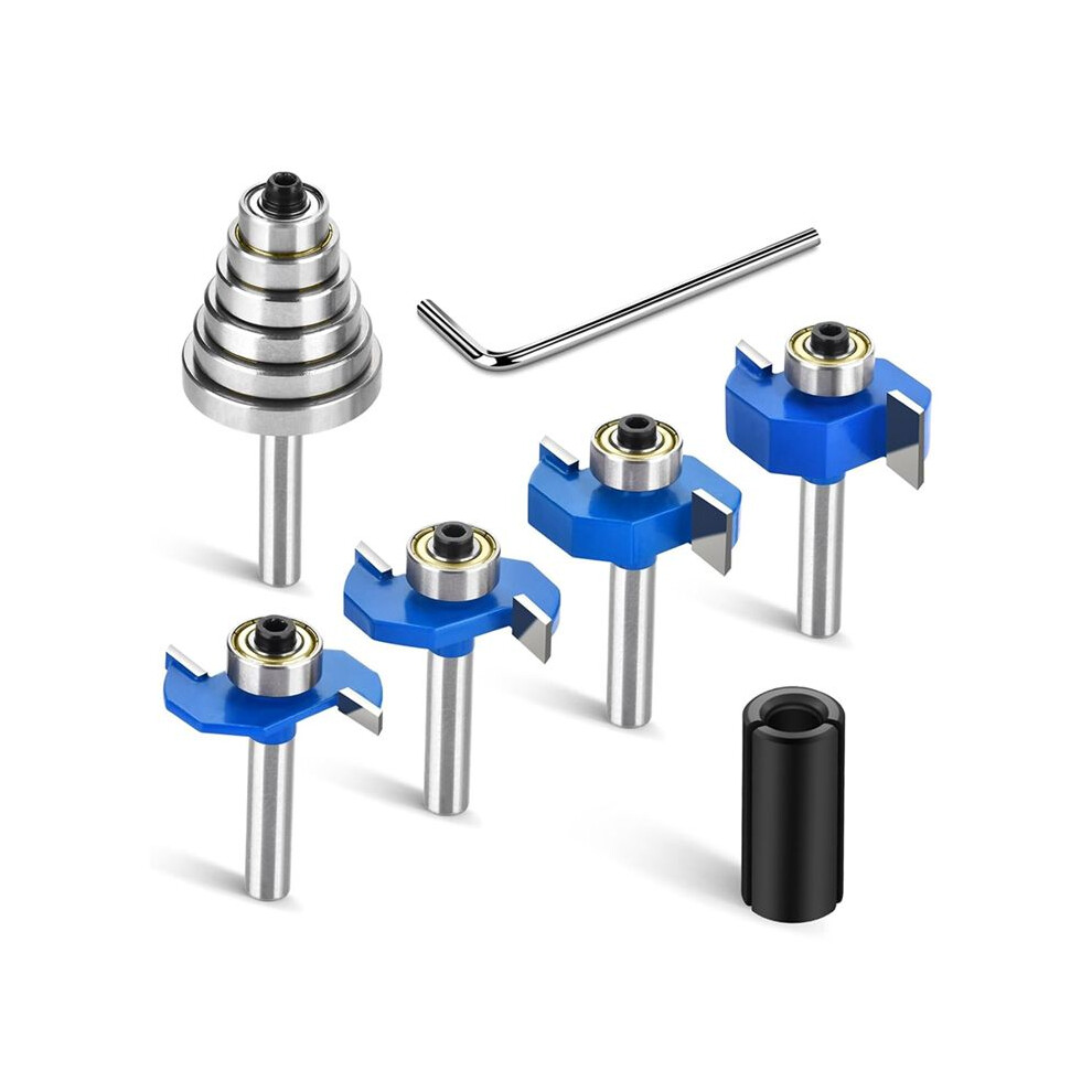 4Pcs Router Bits 1/4 Shank With 6 Bearings Set Rabbeting Router Bit For Wood Grooving With 1/2In To 1/4In Router Collet 4712369574110