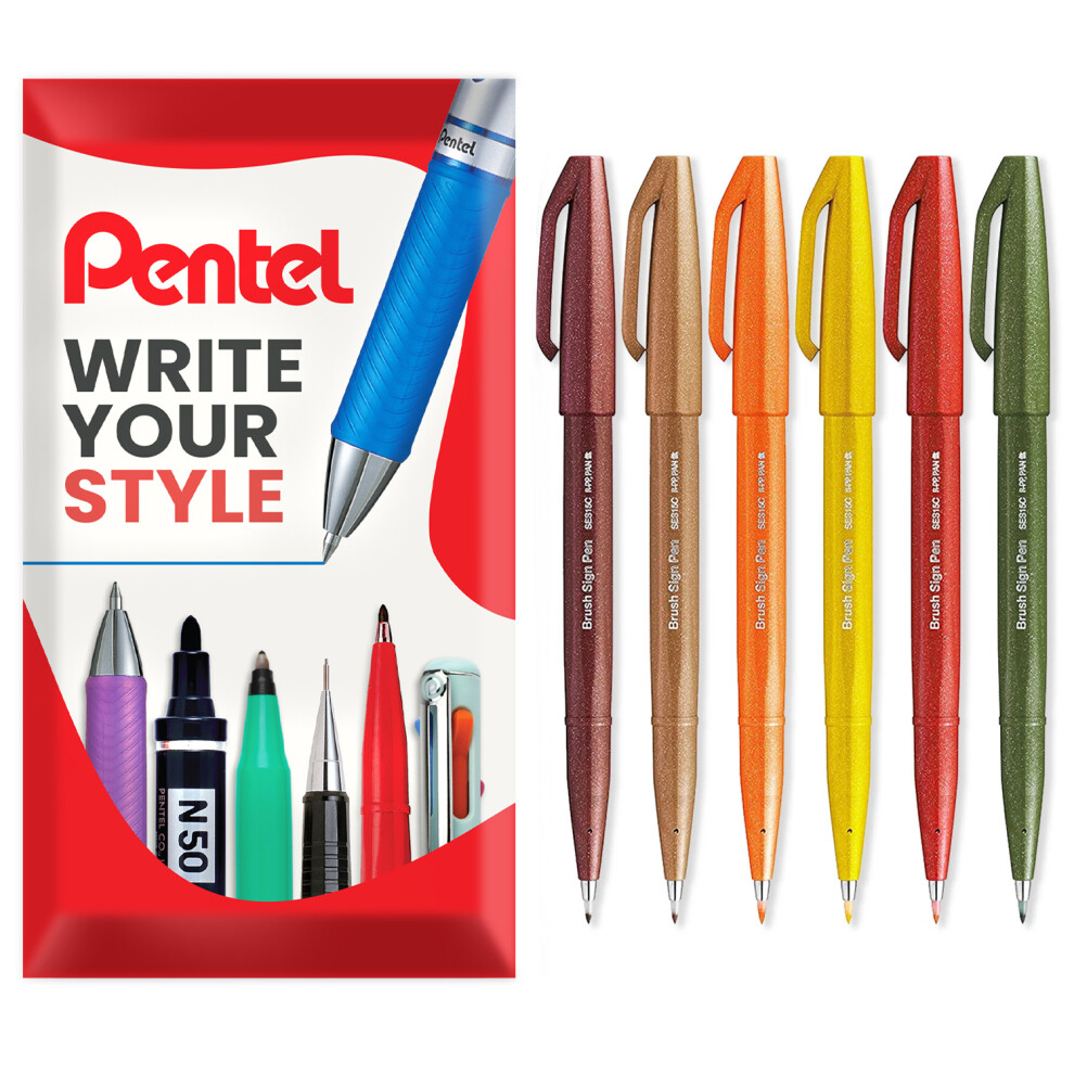 Pentel (Autumn) Brush Sign Pen Ses15c Fibre Tip Set Of 6