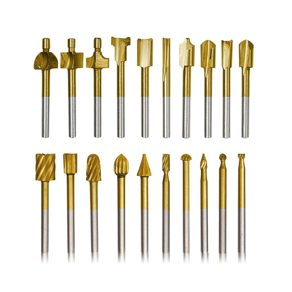 20Pcs Titanium Coated Wood Carving Bits, 1/8" Shank Hss Rotary Burr Set For Diy Woodworking, Engraving & Drilling 6033075623861