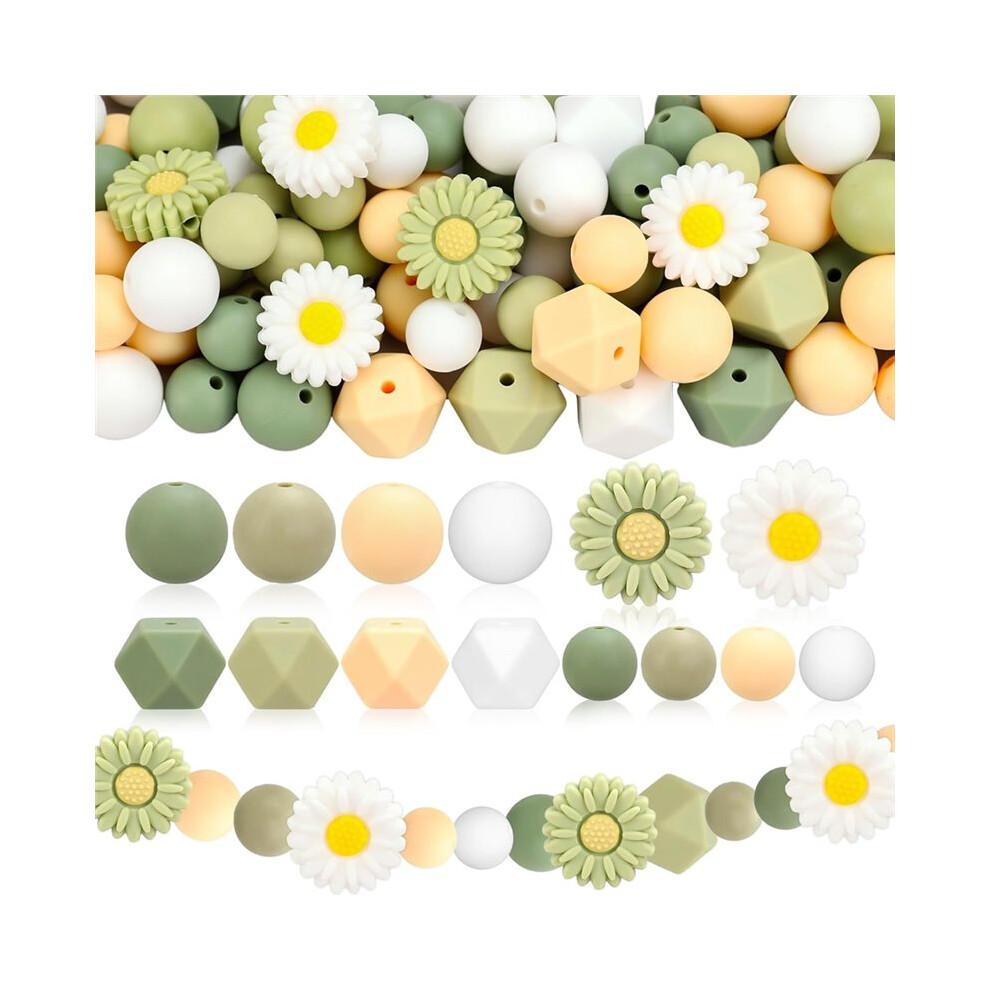 Brecantia 100 Pcs Daisy Flower Silicone Round Hexagon Loose Beads For Diy Crafts Jewelry Necklace Bracelet Keychain Making Green