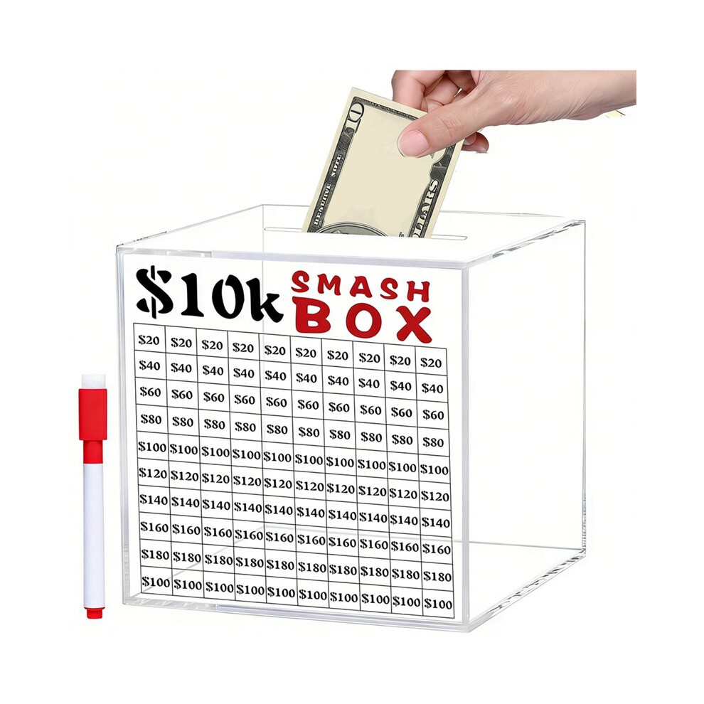 10K Smash Box For Money, Unbreakable Piggy Bank For Adults Save 10,000 Money Saving Challenge, Clear Acrylic Saver Box 6031461013234