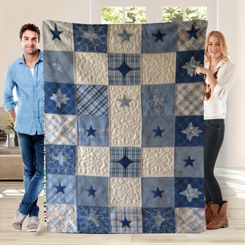 Flannel Throw Blanket Soft Blue-White Stars Stripes Navy 1