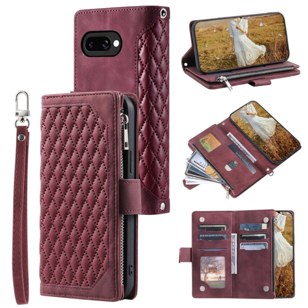 Case For Google Pixel 9A Checke With 6-Card Slots Holder Kickstand Wrist Strap Lanyard Zipper Pu Leather Flip Wallet Case,Wine ,For Pixel 9A Red 9180435355331
