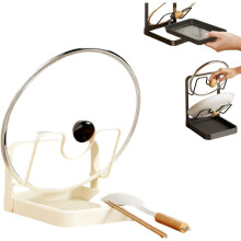 Soporte de acero inoxidable para tapas de ollas con reposacucharas.