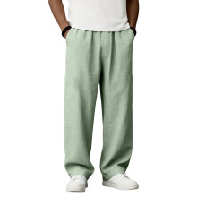 Men's Cotton Linen Straight-Leg Pants Elastic Waist Light