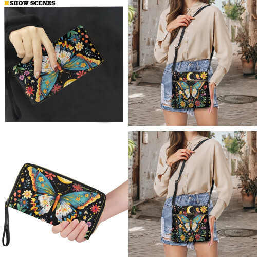 Σετ δερμάτινης τσάντας και πορτοφολιού crossbody με φλοράλ μοτίβο Butterfly Moon για 2