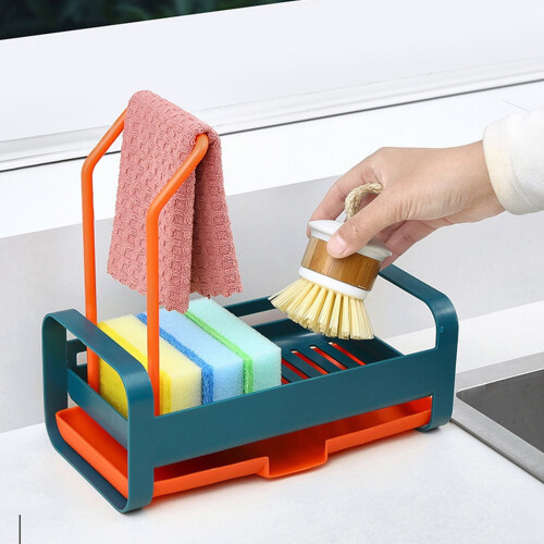 Perforation-Free Multi-Functional Kitchen Sink Draining & Storage Rack, Blue + Orange – Compatible with Standard Sinks 1