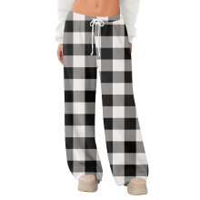 Dame fleece pyjamasbukser med brede ben og elastisk talje, snøre og løstsiddende ternet mønster, grå, S