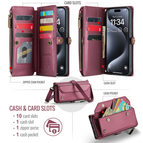 Θήκη πορτοφολιού crossbody με προστασία RFID για iPhone15Pro Max – Θήκη για 10 κάρτες, υποδοχή 1