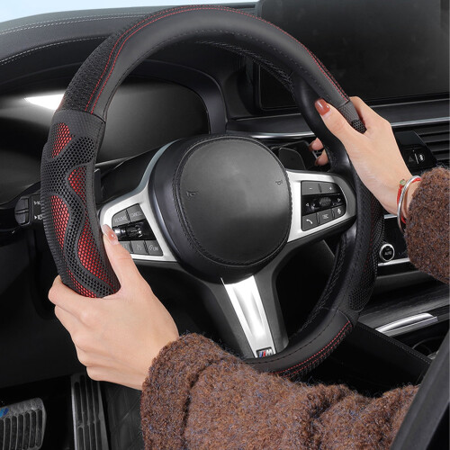 Nappa Leather Steering Wheel Cover Black Red 2