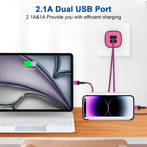 2.1A Dual USB Wall Charger + 2 Cables (6ft/10ft) – Compatible with iPhone 14/13/12 1