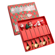 Golden Christmas Spoon & Fork Set (6 pcs): Old Man, Tree, Reindeer, Hat, Snowman, Sock – Red Box, Stainless Steel