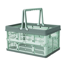Green Portable Folding Plastic Basket, Outdoor Picnic & Shopping Basket, Stackable Storage Box, Car Desktop Organizer – Compatible with Standard