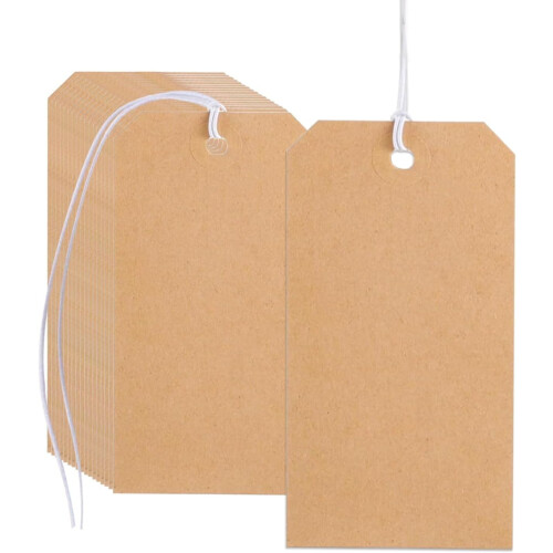 100 Pack Kraft Hanging Tags with String, Writable Price/Gift Tags (4.76"2.36"), Compatible with All Occasions