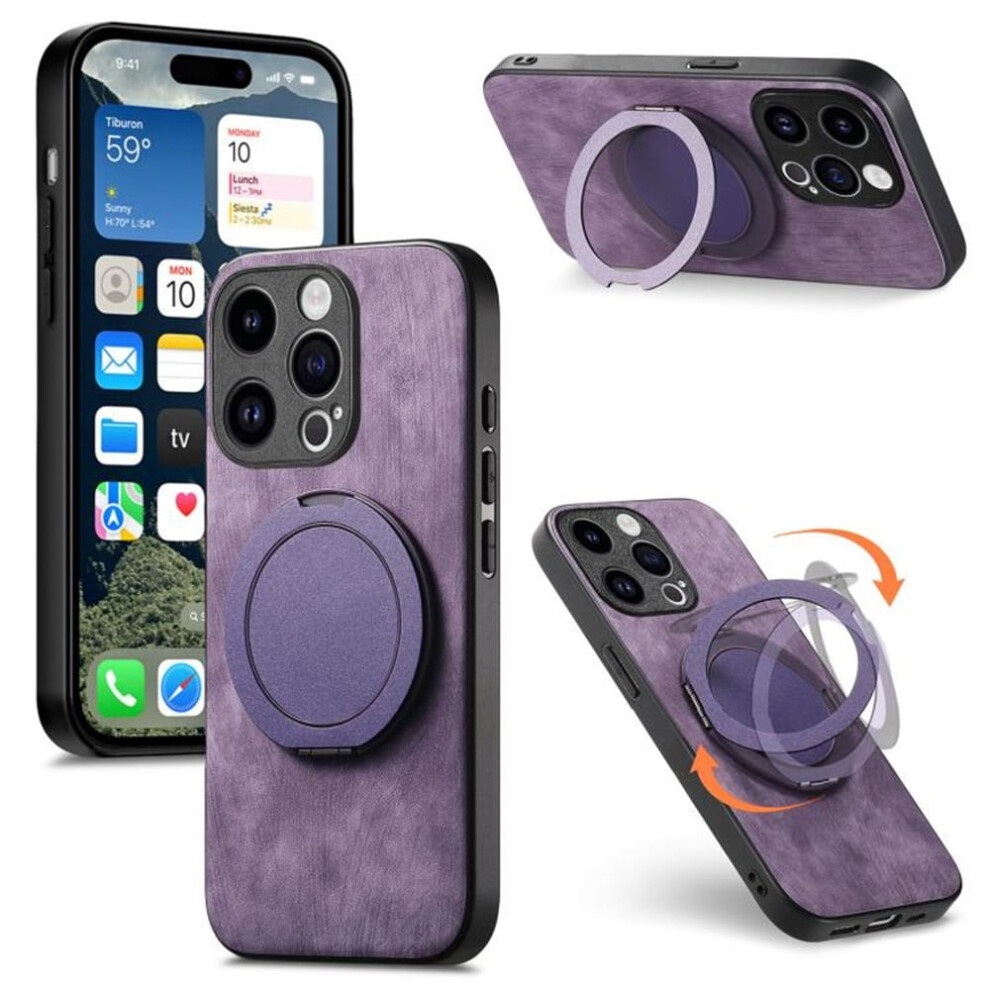 For Compatible With Iphone 15 Pro Case Retro Leather Circular Rotating Stand Shockproof Phone Case,,For Compatible With Iphone 15 Pro Purple 9065194390376