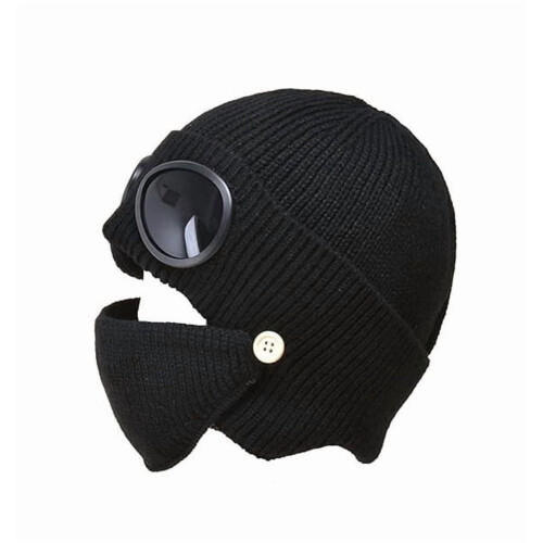 Winter Ski Hat with Detachable Mask and Goggles Black